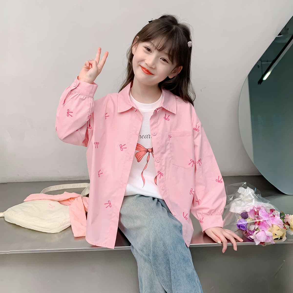 Girls' shirts spring and autumn 2026 new style solid color printed bow casual shirts children's spring jackets