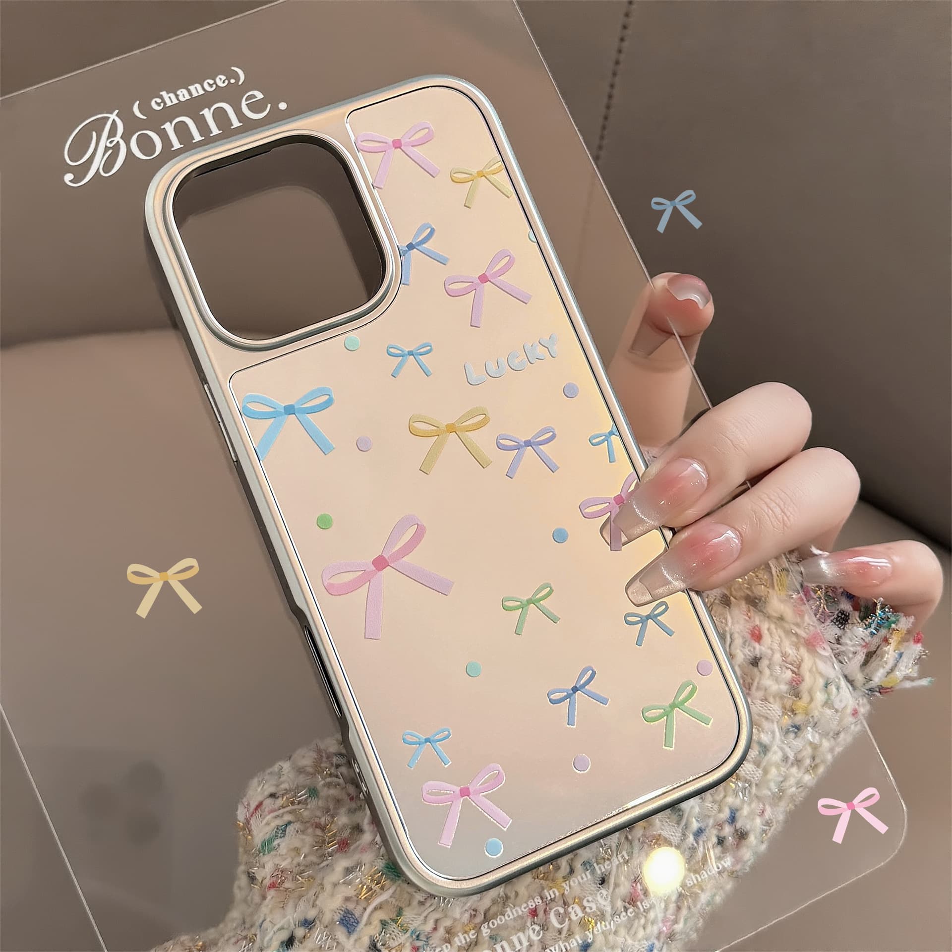 Korean-style colorful bow case for iPhone 16, 15 Pro Max, iPhone 17, mirror 13, electroplated 15 hard