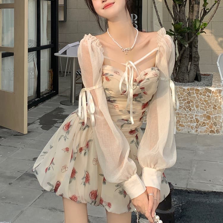Summer dopamine beautiful waist hottie sweet skirt short skirt French oil painting floral suspender dress women's clothing
