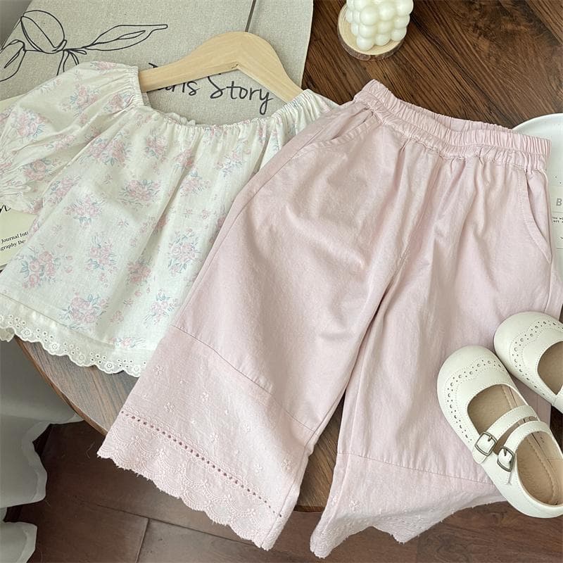 Summer Set Forest Style Girls Baby Pink Lace Trim Straight Leg Pants Wide Leg Pants Korean Style Children's Pants Thin