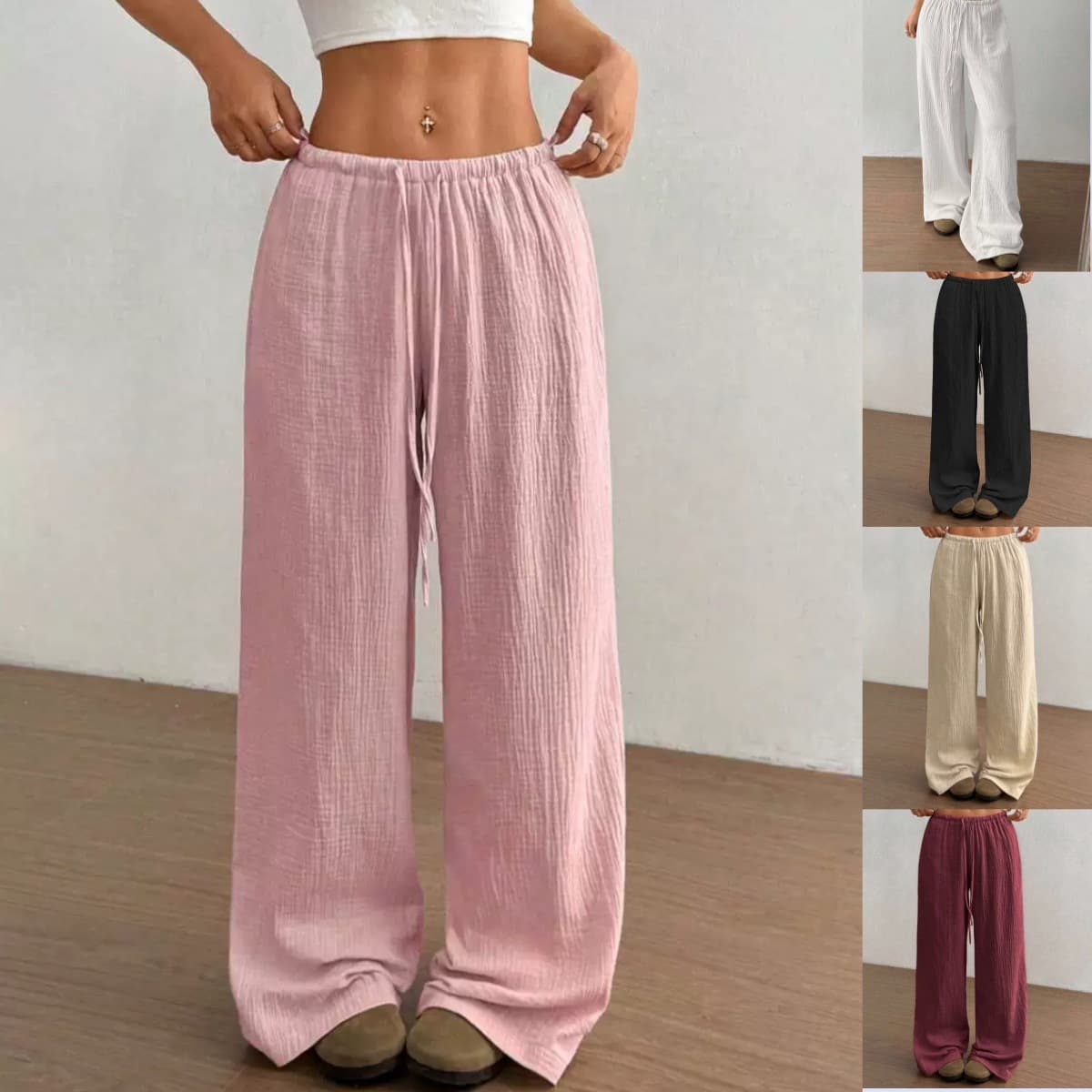 Large Stock 6 Colors EU/US Amazon Fashion Women's Casual Solid Cotton Linen Wide-Leg Pants