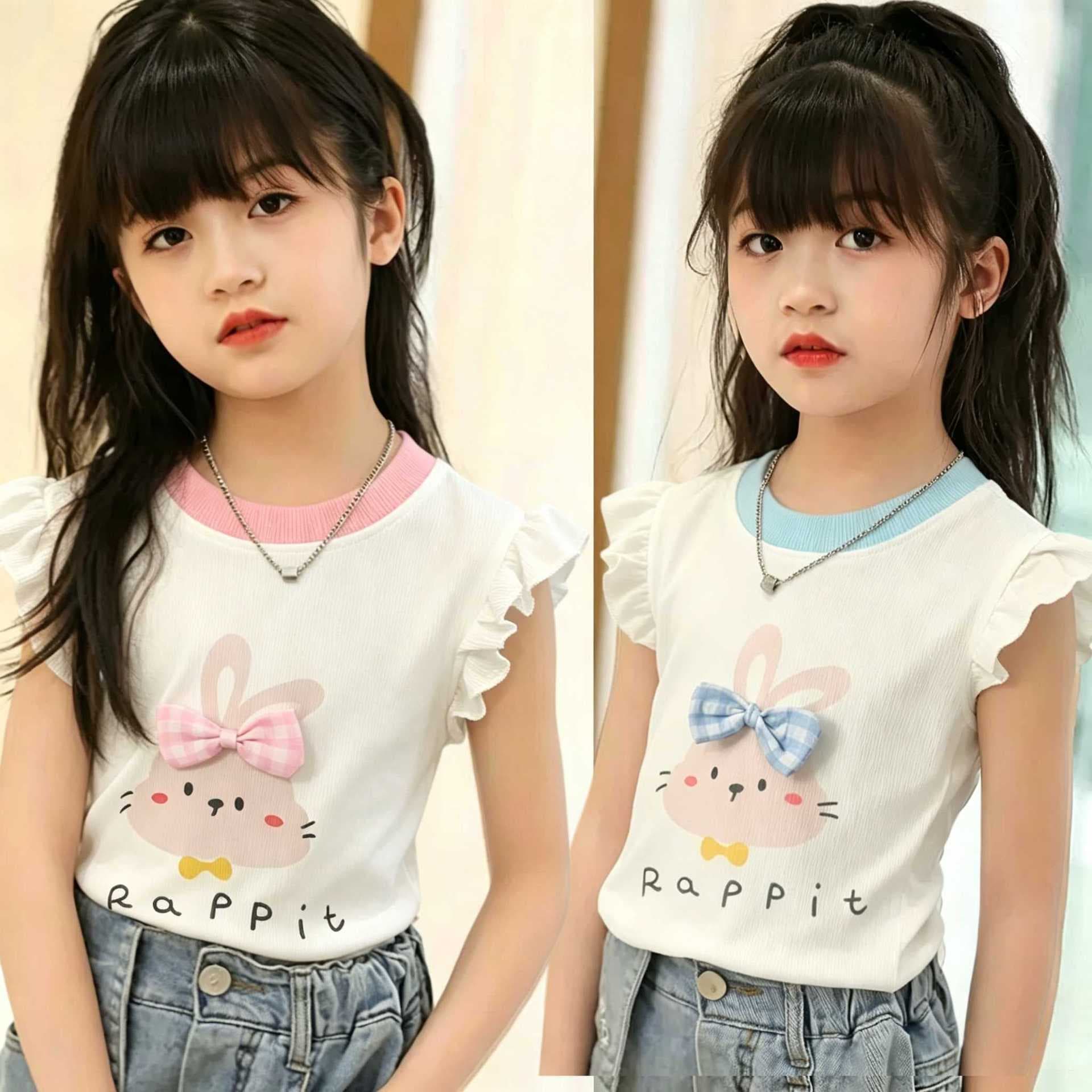 Girls' Summer New Vest, Sweet & Adorable Flutter Sleeve Top, Baby Stylish Cartoon Single Piece Kids Clothing