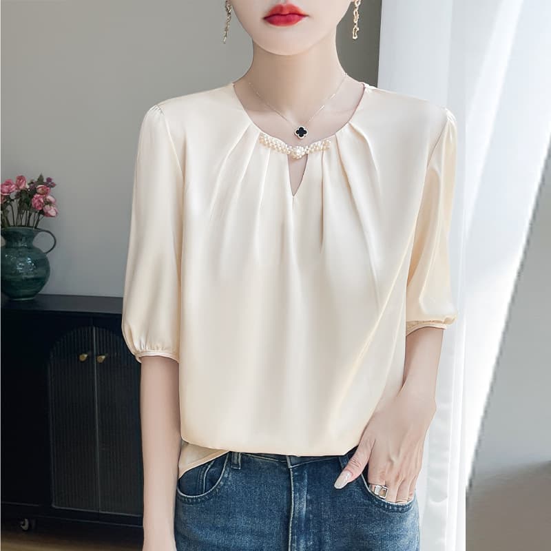 Silk Satin 2026 Spring Summer Women's New Short Round Neck Chinese Style Button Half Sleeve Solid Color Elbow-Length Top Blouse