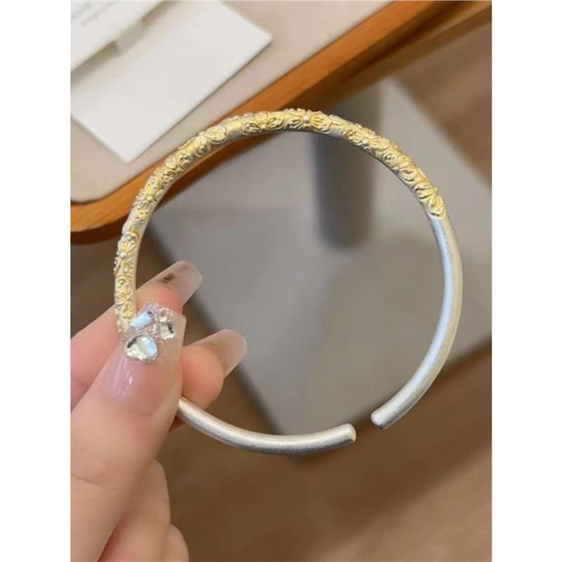 9999 Sterling Silver Cherry Blossom Bangle for Women, Solid Hand-carved Chinese Style Open Bangle Gift