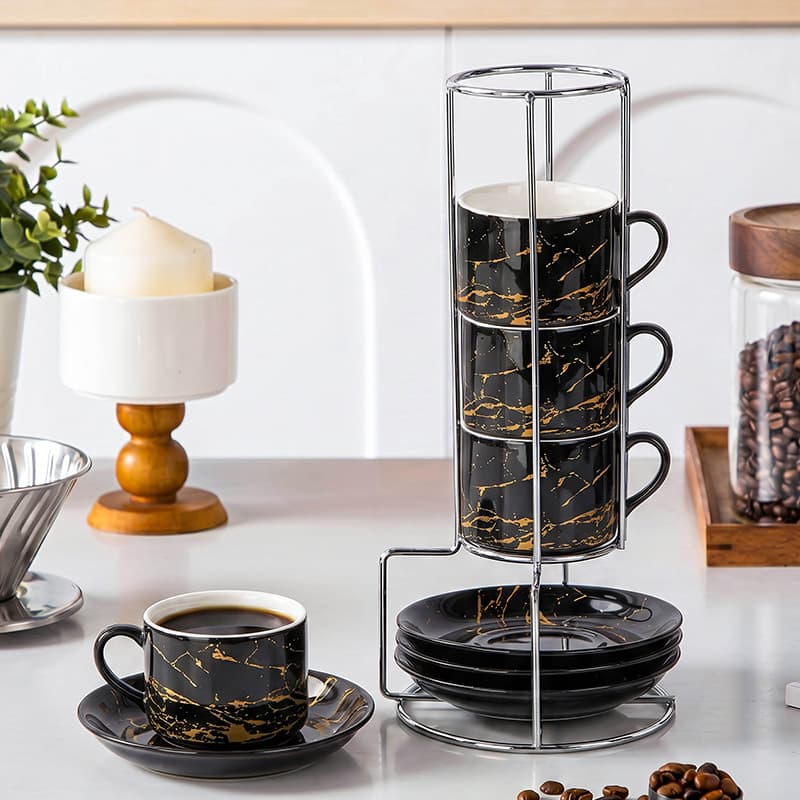 European retro marble pattern ceramic coffee cups and saucers stacked cup set storage iron frame creative gift cups wholesale