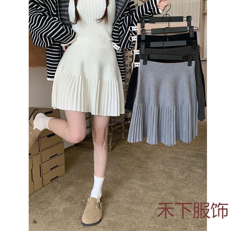Pleated Spring Slim Knit Skirt New Versatile High-Waist Midi Skirt Petite Sweet Elegant Fashionable