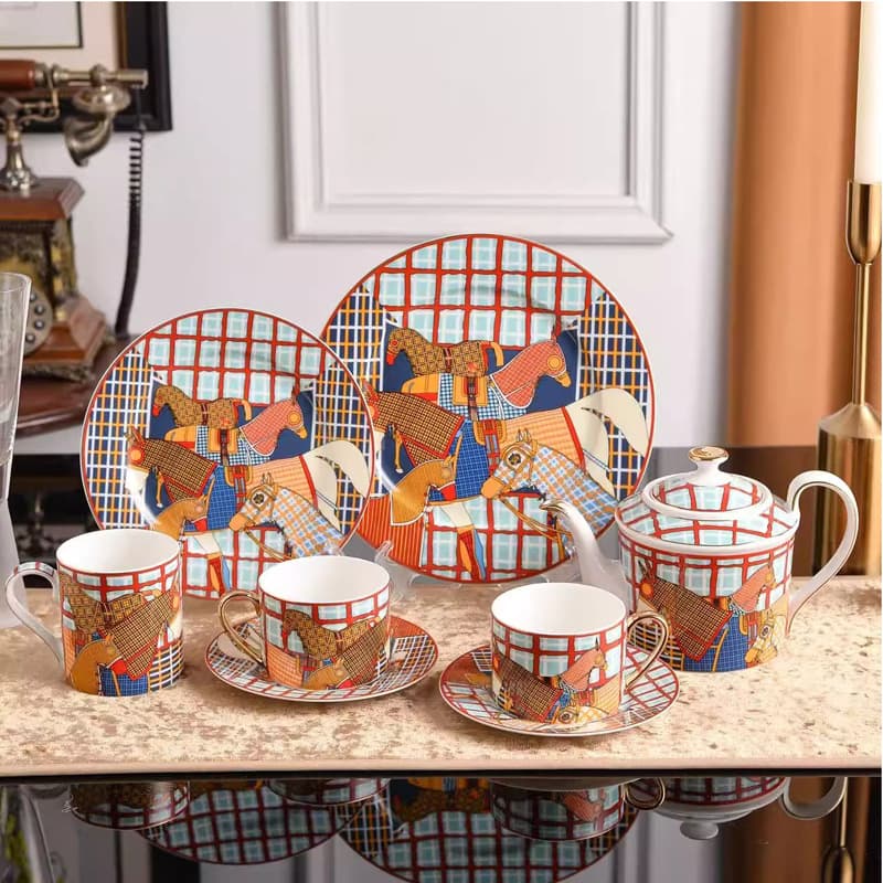 H Plaid Horse Coffee Cup Tea Set Dinner Plate Western Plate Display Plate Flat Plate 8/10 Inch Housewarming Bone China