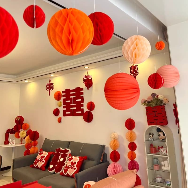 Honeycomb Ball Double Happiness Lantern Wedding Room Decoration Set, Rural Courtyard Wedding Decoration for Bride and Groom's Room