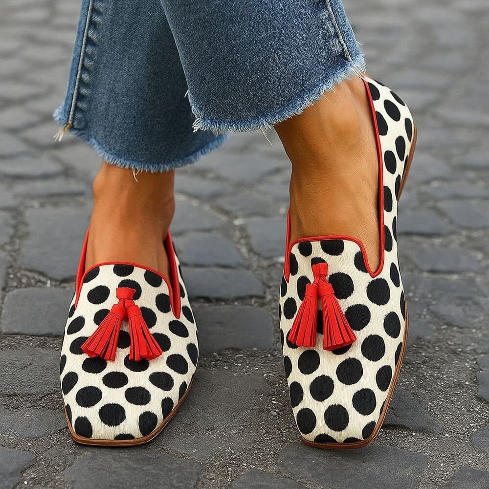 2025 Fall Cross-Border Stock Casual Low Heel 40-43 Large Size Square Toe Polka Dot Tassel Women's Loafers