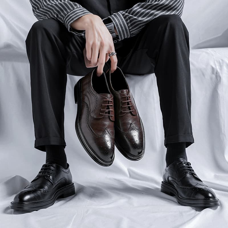 2023 Men's Black Business Formal Leather Shoes, Men's Thick Sole Casual British Style Groom Wedding Shoes 6151-R