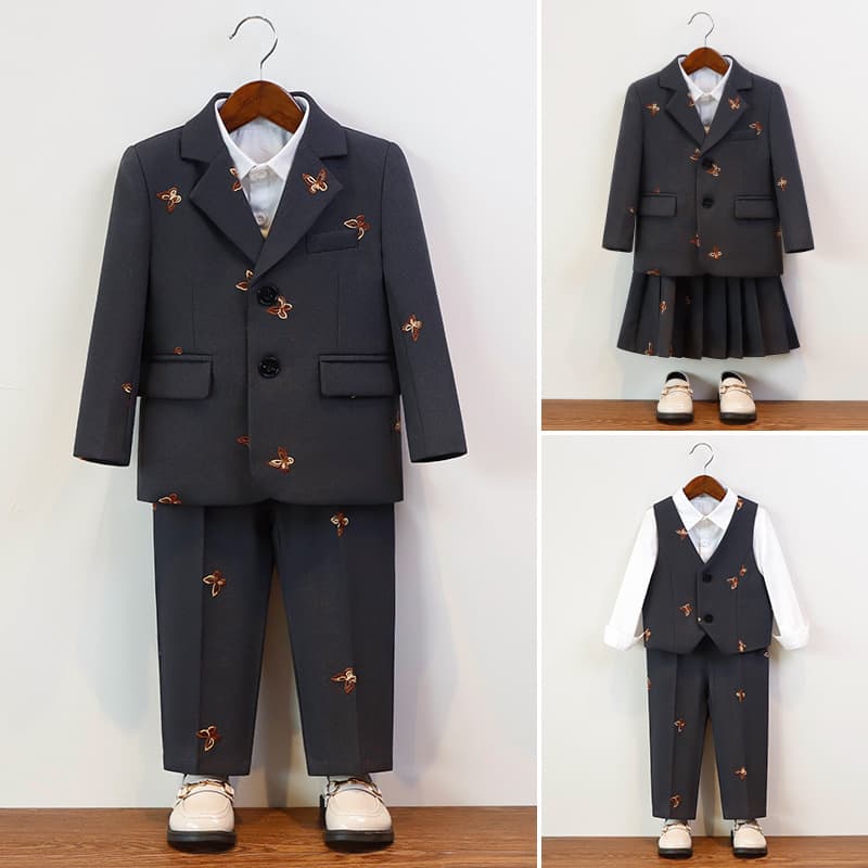 Boys' and Girls' Suit Set, Autumn/Winter Fashionable Butterfly Embroidery Academic Style Suit and Skirt for Children's Hosting and Performances