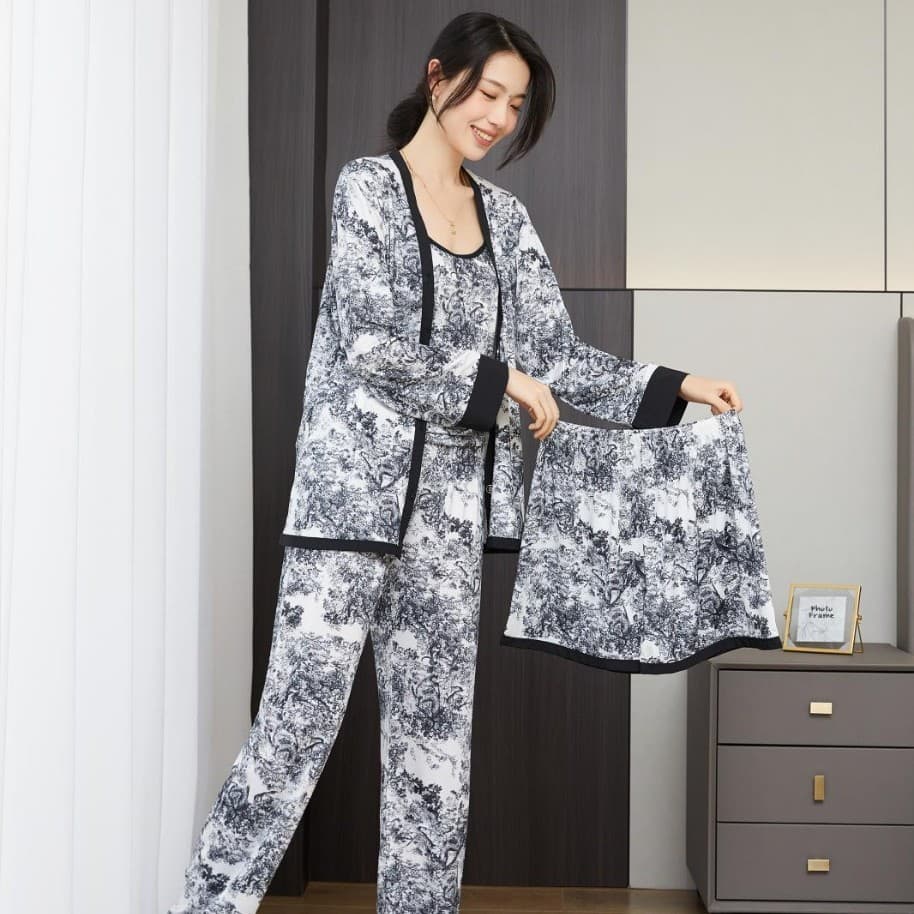 New Summer Pajama Set for Women, Four-Piece Chinese Ink Painting Fashion Retro Luxury Printed Homewear Set