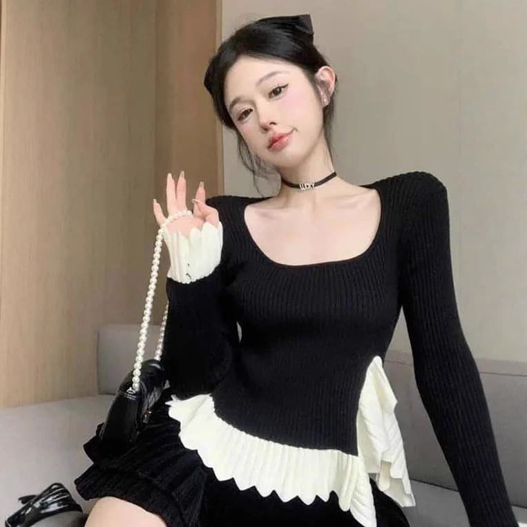Irregular Color-Block Hem Vintage Square Neck Ruffle Sweater Long Sleeve Patchwork Slim Fit Top for Women