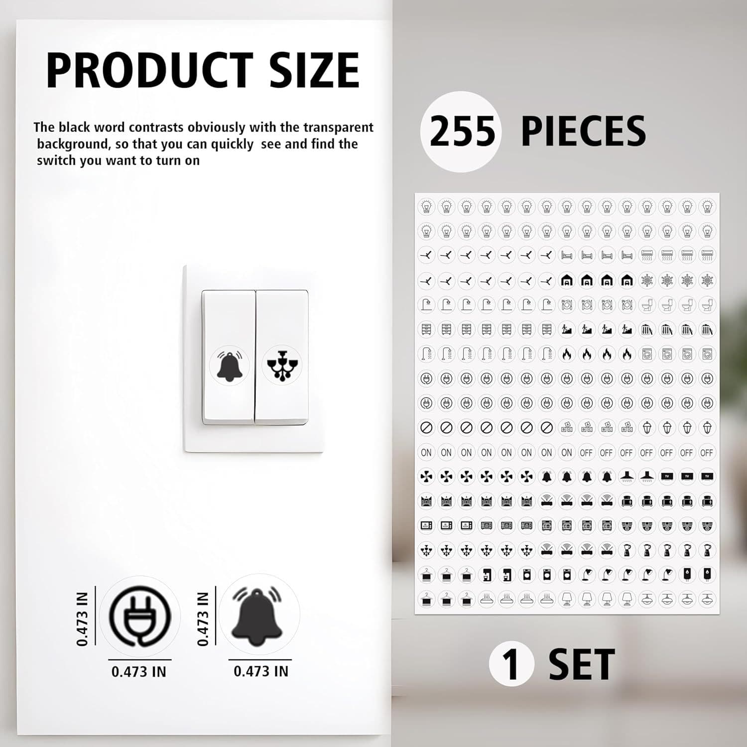 Fan light control switch sticker labels, 255 pieces, transparent, suitable for home and office organization