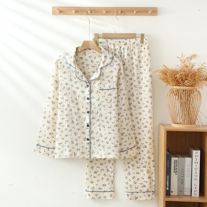 New summer thin pure cotton double-layer gauze collar women's pajamas spring/autumn floral long-sleeve loungewear set