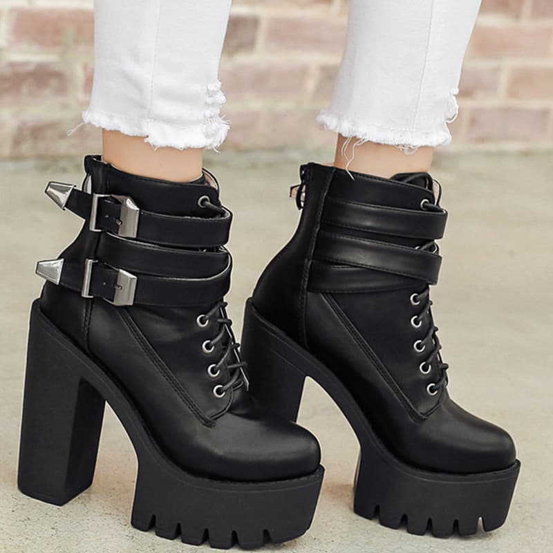 Women's High Heel Martin Boots Punk Style Round Toe Thick Bottom Platform Waterproof Short Boots Spring Autumn Zipper Closure