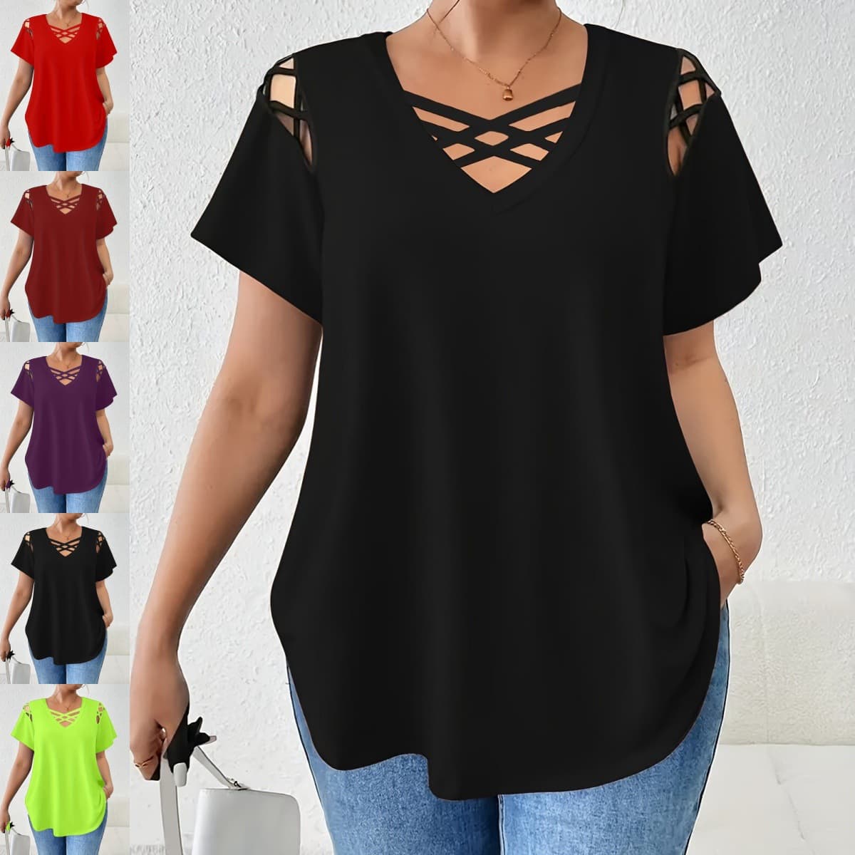 2026 New European and American Cross-border AliExpress Women's V-neck Solid Short Sleeve Cross-strap Detail T-shirt Plus Size