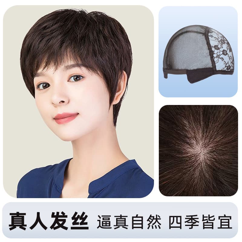 Short Real Hair Wig for Women, Full Cap for Middle-Aged and Elderly, Natural Straight Hair Wig for Bald Heads
