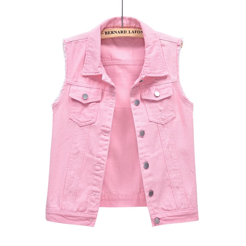 Multi-Color Denim Vest for Women Short Spring Summer Slim Fit Pink Frayed Sleeveless Vest with Holes Top