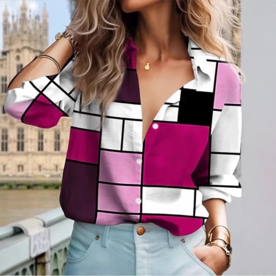 Amazon & AliExpress Hot Selling Women's Long Sleeve Casual Lapel Shirt Simple Plaid Long Sleeve Blouse