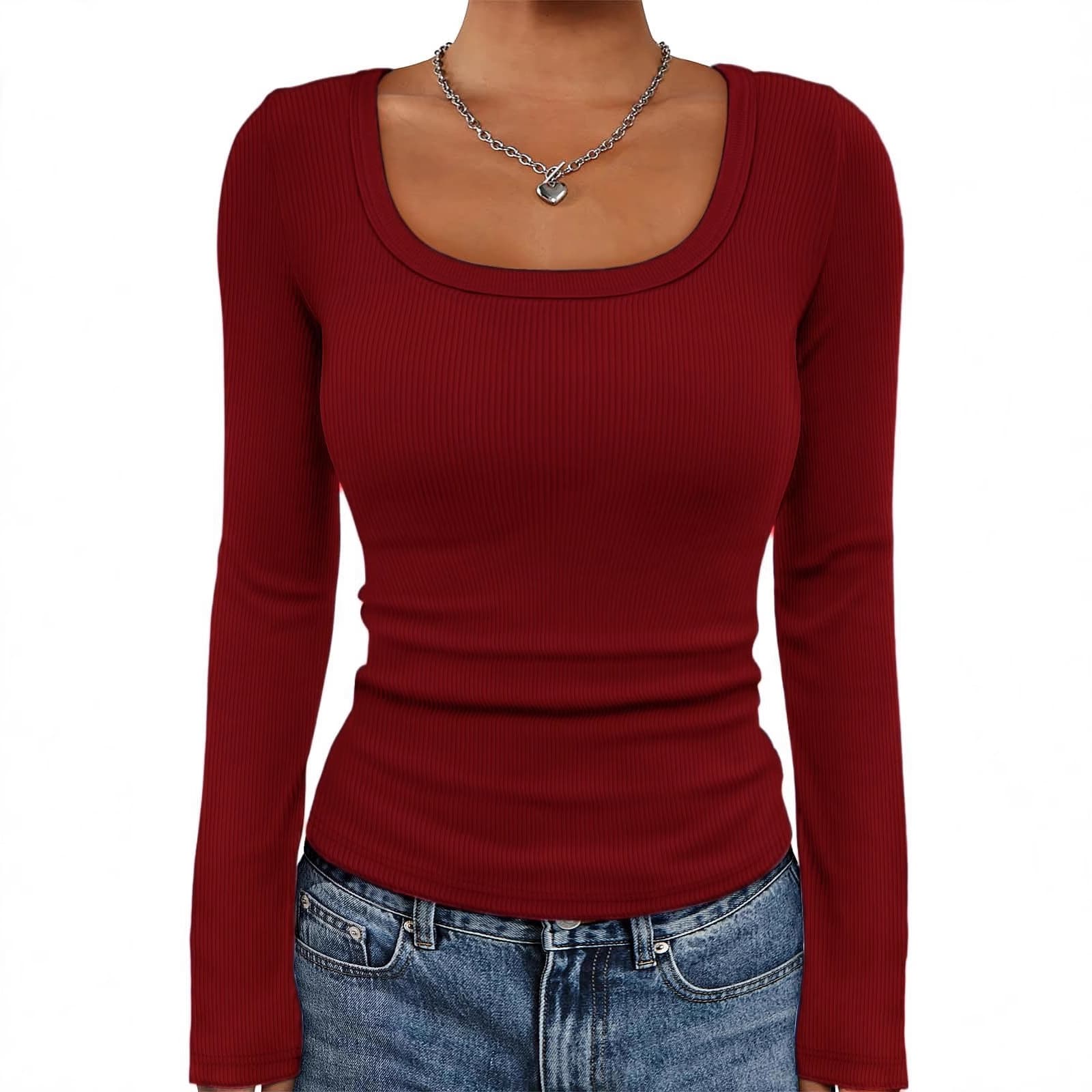 Women's Long Sleeve Shirt Square Neck Top Ribbed Knit Basic Crop Top for Girls Autumn Fashion Clothing