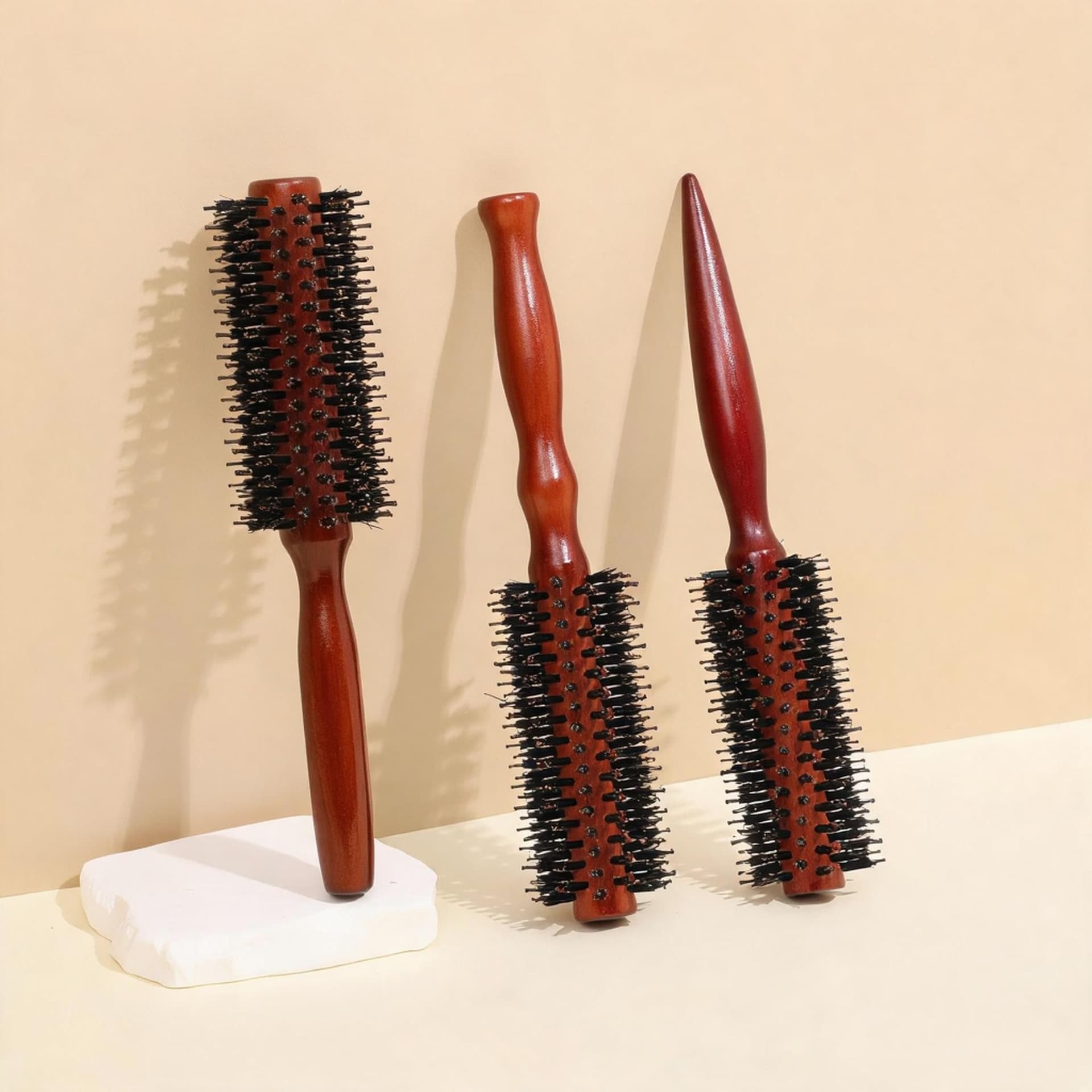 Boar bristle round solid wood comb Hemu curly hair comb with high temperature resistance inner buckle wavy curl large volume styling cross-border hair comb