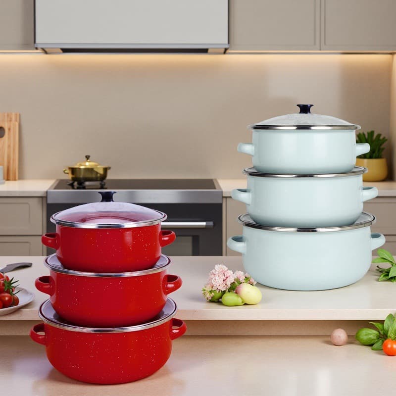 Cross-border Hot Selling Thickened Enamel Soup Pot Stew Pot 3-Piece Set Enamel Pot with Lid Cookware Set