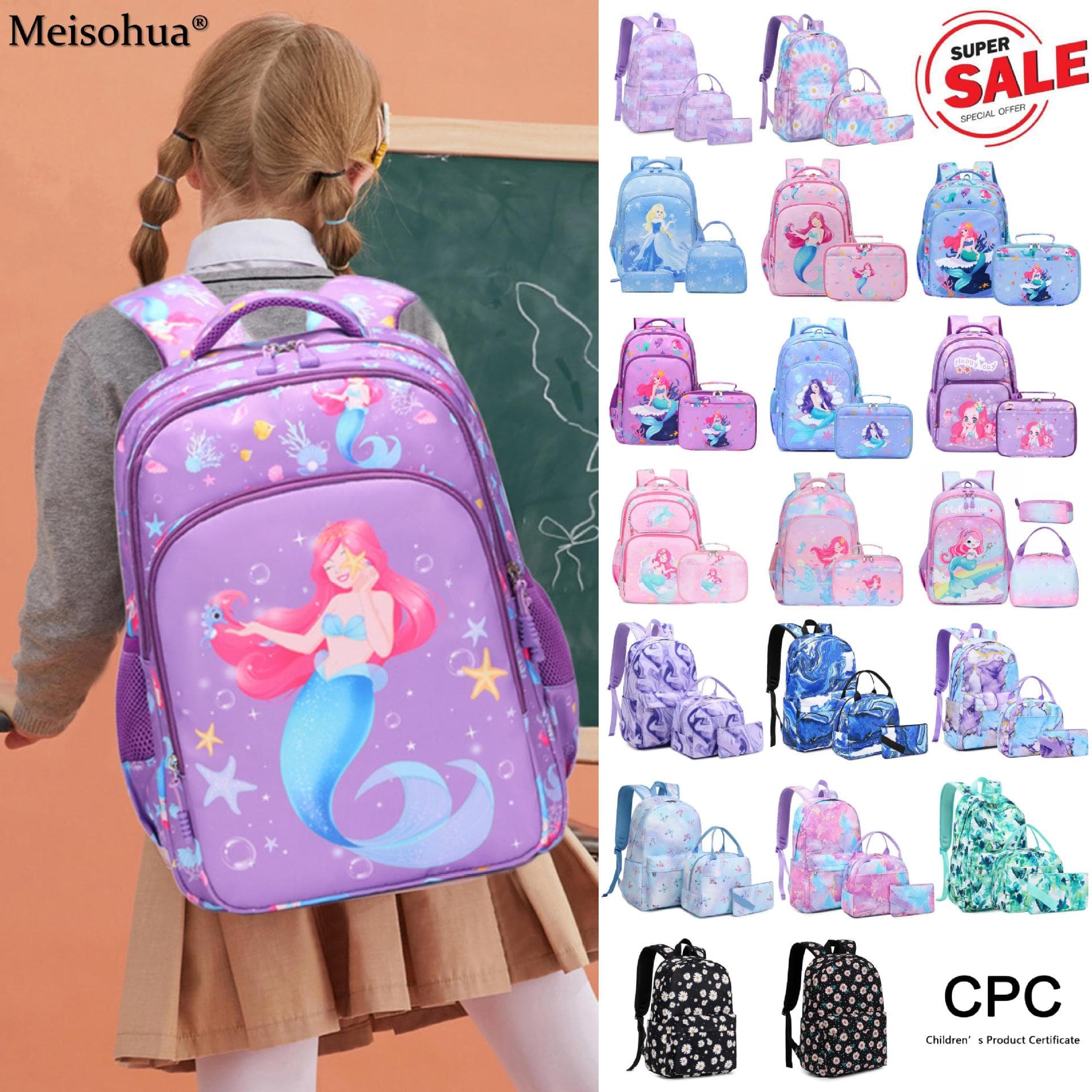 Clearance cross-border in-stock elementary school student printed children's backpack, school bag, lightweight backpack set, wholesale