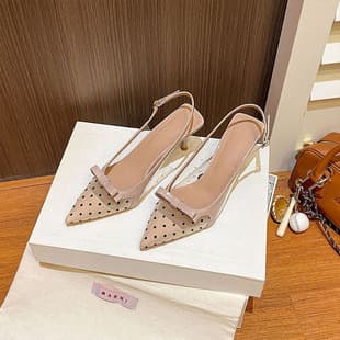 Sexy Black Mesh Polka Dot Bow Closed Toe Sandals for Women Summer Fairy Dress Outer Wear Lazy Backless High Heels