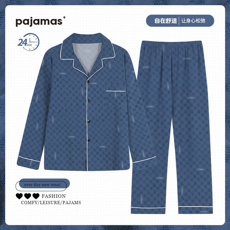 Cloud Cotton Autumn Pajamas for Men Thin Long Sleeve Long Pants Simple Youth Wear-Out Home Suit Set