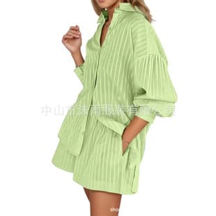 Cross-Border European and American Striped Shirt Set 2026 Amazon New Fashion Long Sleeve Shirt Loose Shorts Two-Piece Set