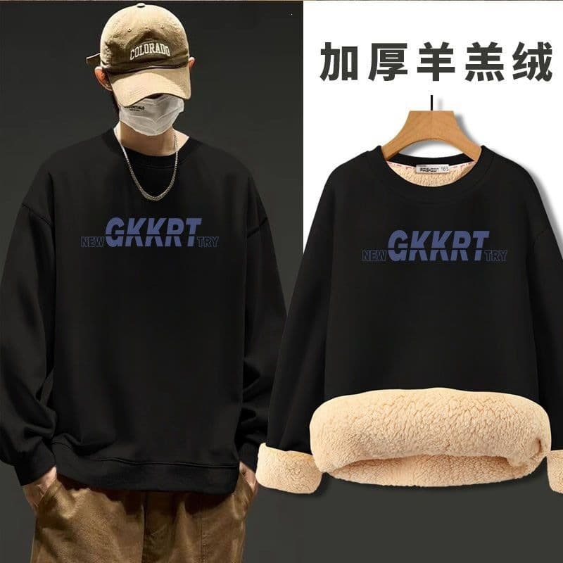 Autumn/Winter Sherpa Fleece Crew Neck Sweatshirt for Men, Fleece-Lined Thickened Letter Print Pullover Top, Casual Versatile Youth Jacket
