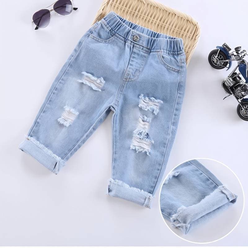 Baby summer jeans boys and girls cropped pants 2025 new children's thin ripped summer style medium pants
