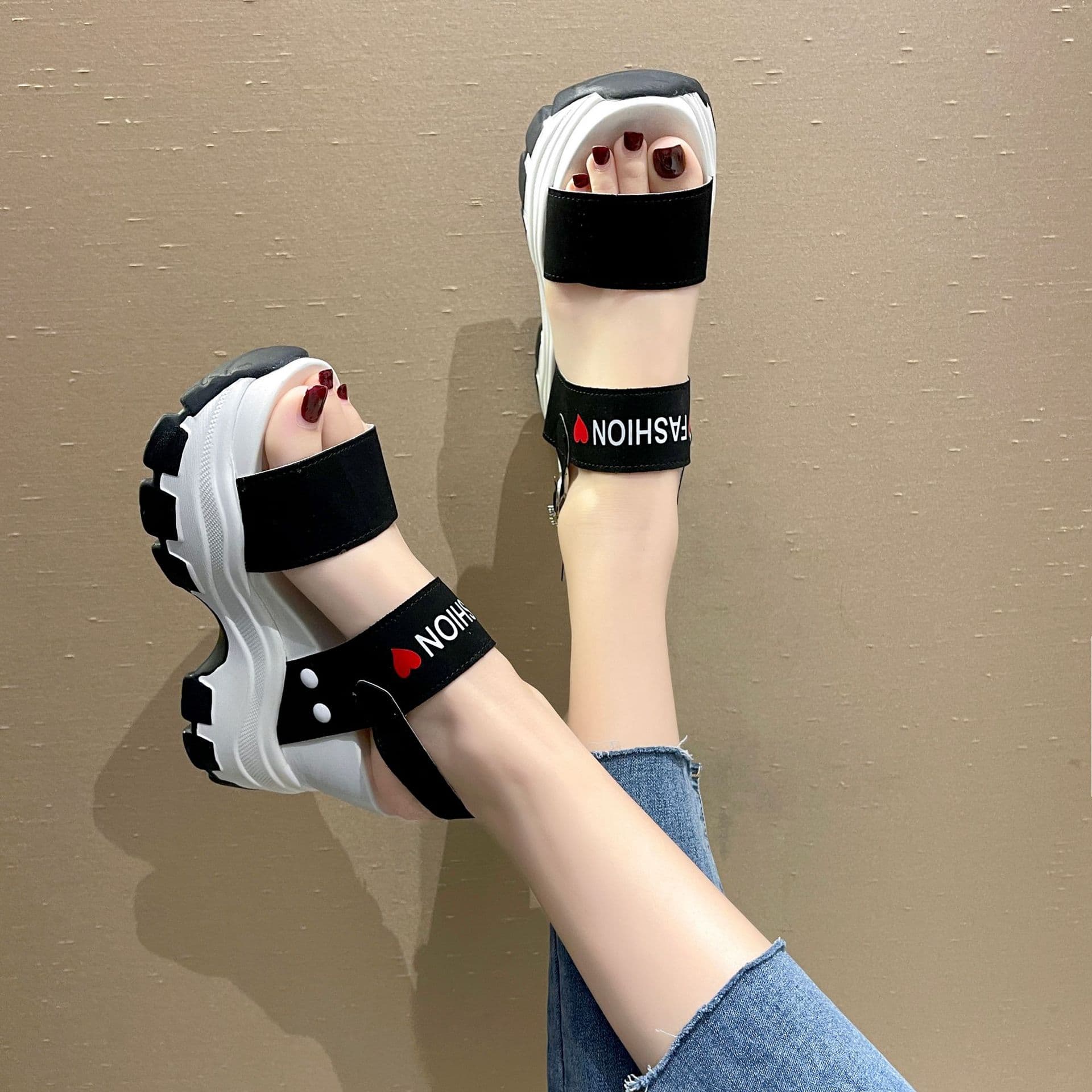 2022 Summer New Large Size Women's Shoes, Letter Wide Strap Sweet Style Thick Platform Wedge Sandals