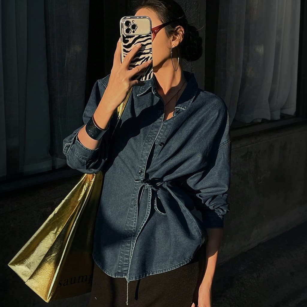 Cross-border Trade European Size Women's Front Tie Button Long Sleeve Denim Top Casual Denim Jacket