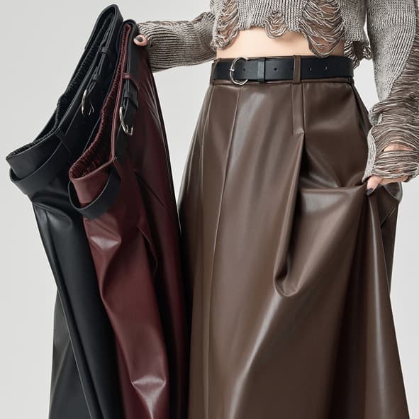 Brown PU Leather Skirt for Women Fall/Winter 2026 New Arrival Long High-Waist Slimming Flowy A-Line Pleated Flare Skirt