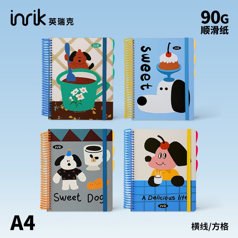 inrik Illustration Series A4 Cute Dog Cartoon Binding Large Coil Notebook, Tearable, 4-Hole, Student Thick Notebook