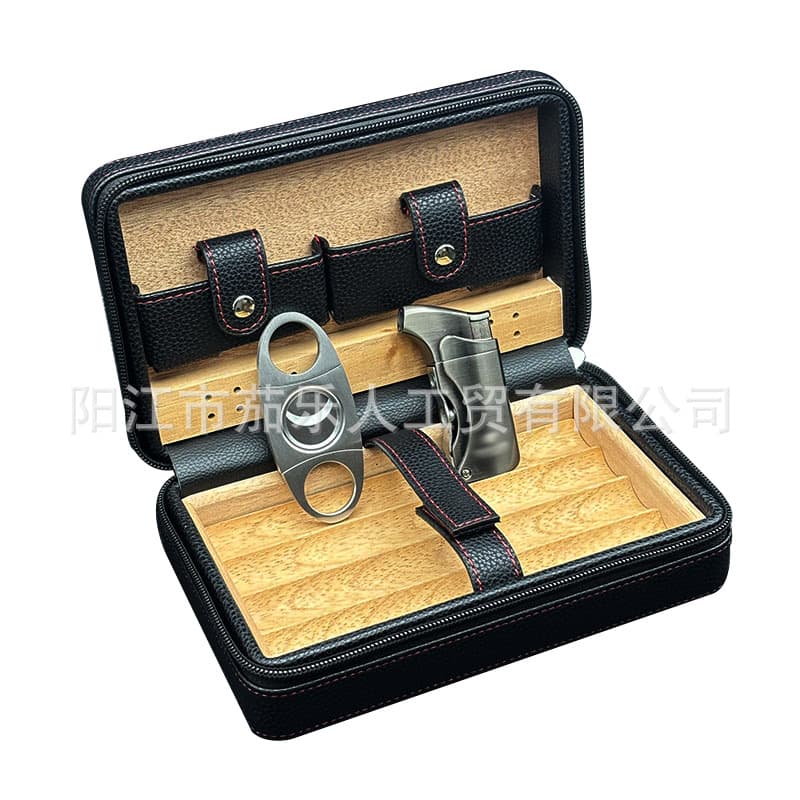 Cedar Cigar Travel Case for 4 Cigars with Cigar Cutter Set and Lighter Cigar Tools
