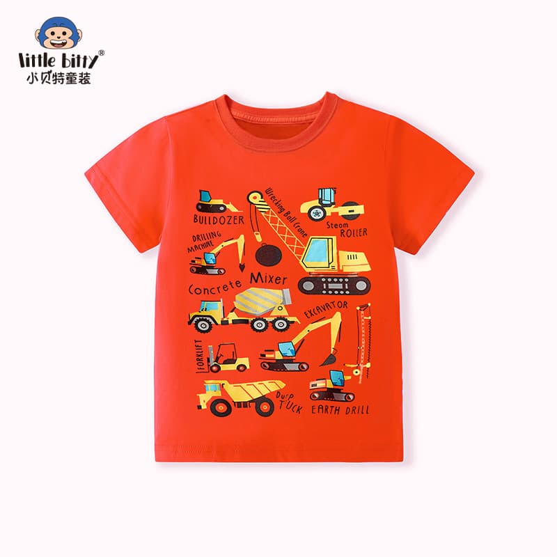 Cross-border Children's Short Sleeve T-Shirt with Cartoon Excavator Print Pattern Spring Summer European American Top Stock Wholesale