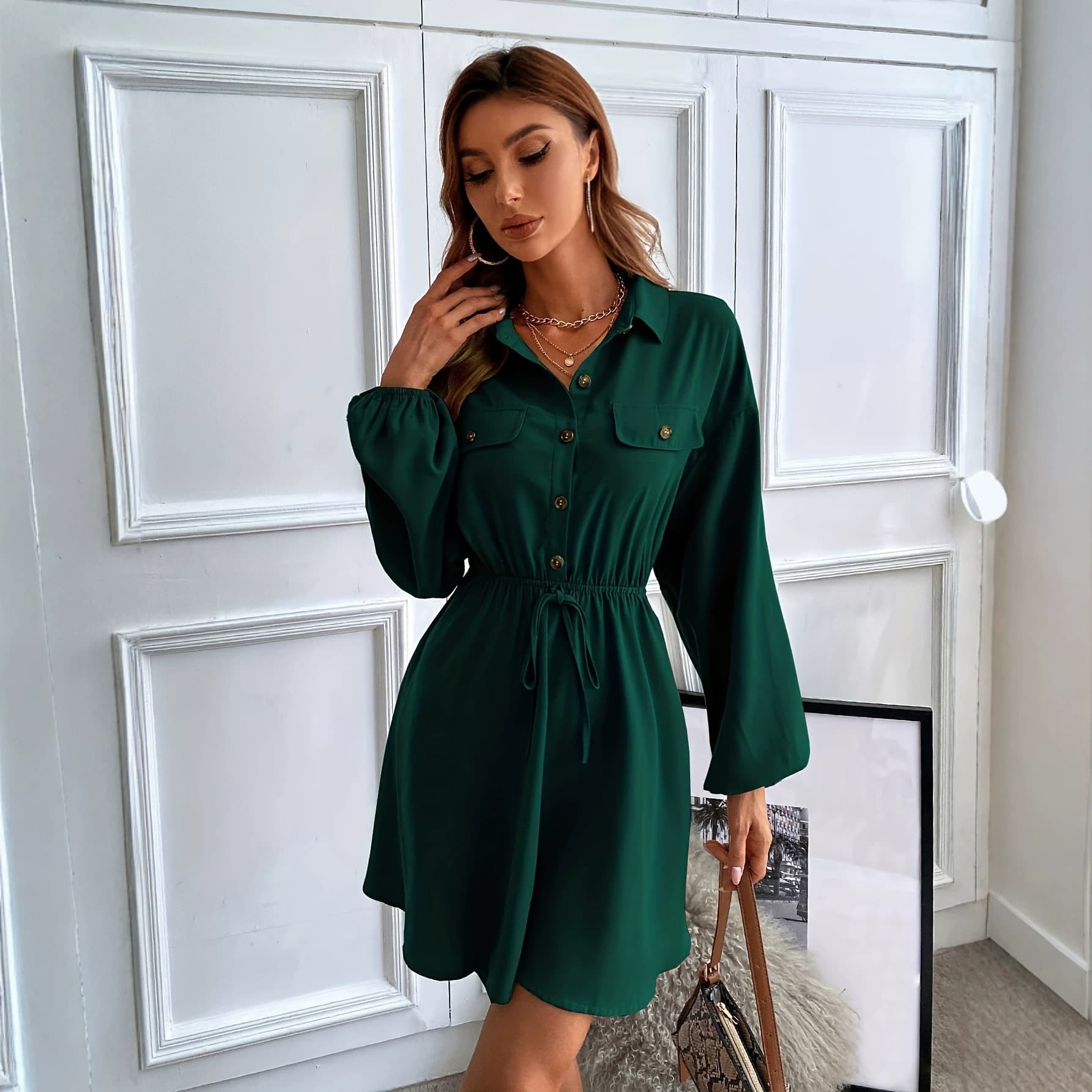 [Customization Supported] Green Lapel Shirt Dress for Women with Drawstring Waist, Pockets, Long Sleeves, Stylish Short A-Line