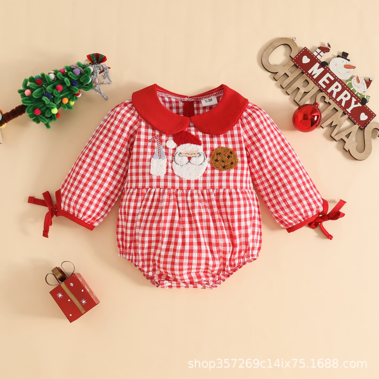 Baby Girls' Christmas Romper with Towel Embroidery, Doll Collar, Pullover Triangle Bodysuit for Spring, Autumn, and Winter