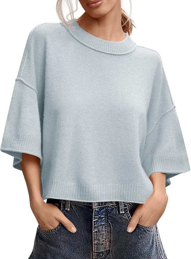 Amazon Cross-border 2026 Women's Short-Sleeve Sweater, Summer Cropped Knit Top, Casual Crew Neck Lightweight Blouse