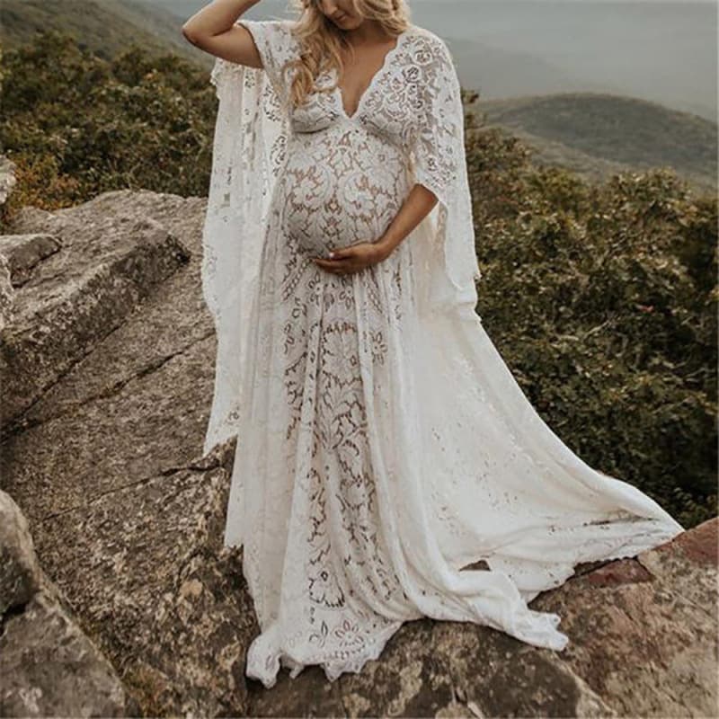 Spring/Summer New Cross-Border European & American Maternity Dress, Fluffy Lace Long Dress for Pregnant Women