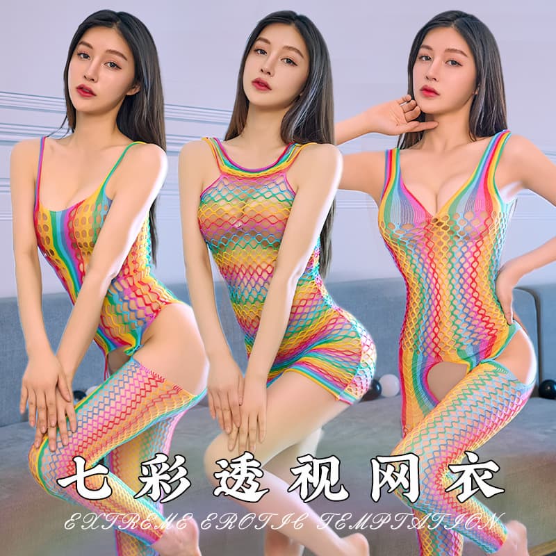 Fan Lei Women's Sexy Sheer Lingerie Set with Colorful Fishnet Stockings Sleepwear Silk Stockings Lingerie Drop Shipping