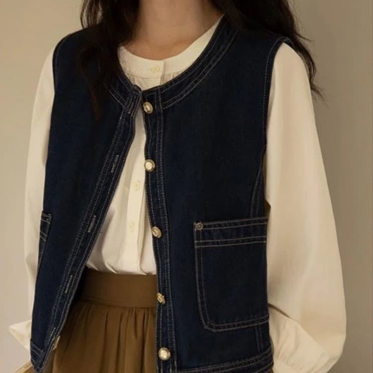 Japanese School Style Retro Denim Vest for Women, Early Spring/Autumn New Arrival, Dark Color Layering Vest for Petite Figures, Outerwear