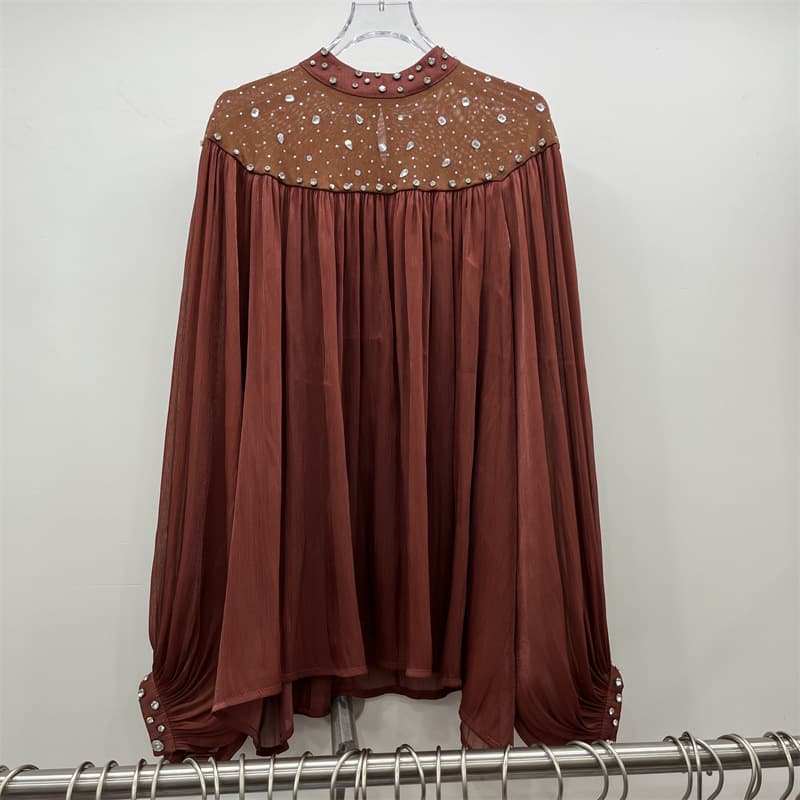 Palace-style Niche High-end Heavy Beaded Rhinestone Lantern Sleeve Fringe Mesh Shirt Women Loose Casual Top
