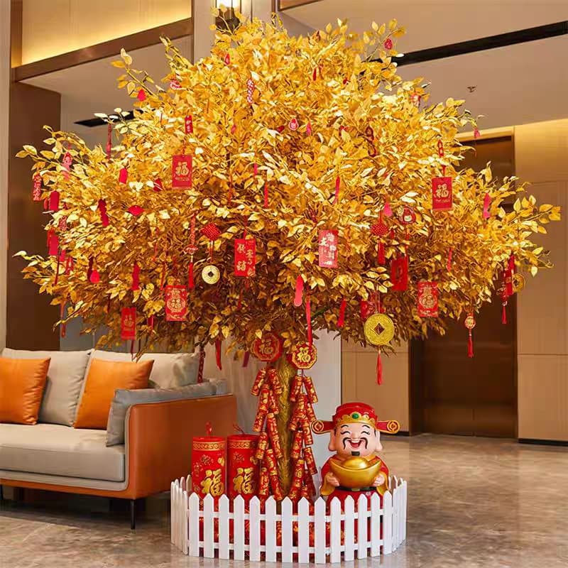 Eco-Friendly Artificial Golden Banyan Tree, Trendy Wishing Tree Large Fake Tree, Fortune Tree, New Year Red Envelope Tree, Shopping Mall Hotel Decoration