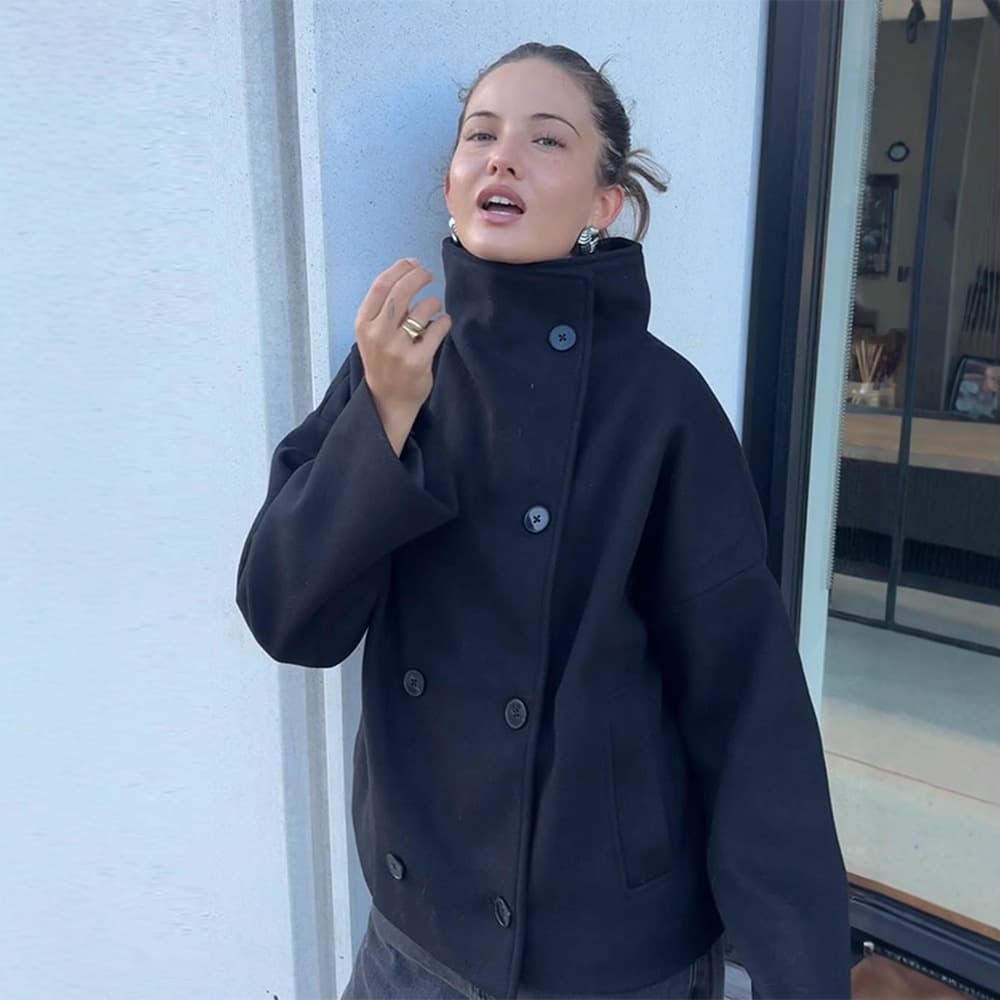 Cross-border European and American androgynous style, commuter stand collar double-breasted short coat, coat, woolen jacket, women's bestseller