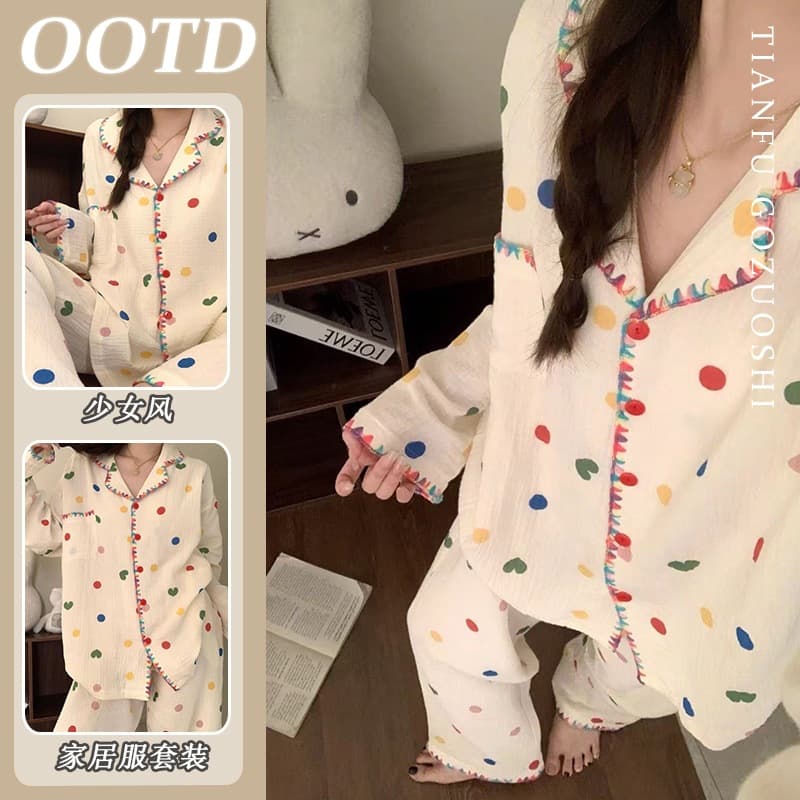 Sweet colorful polka dot pajamas for women spring and autumn cardigan long-sleeved trousers small fresh students can wear home clothes set
