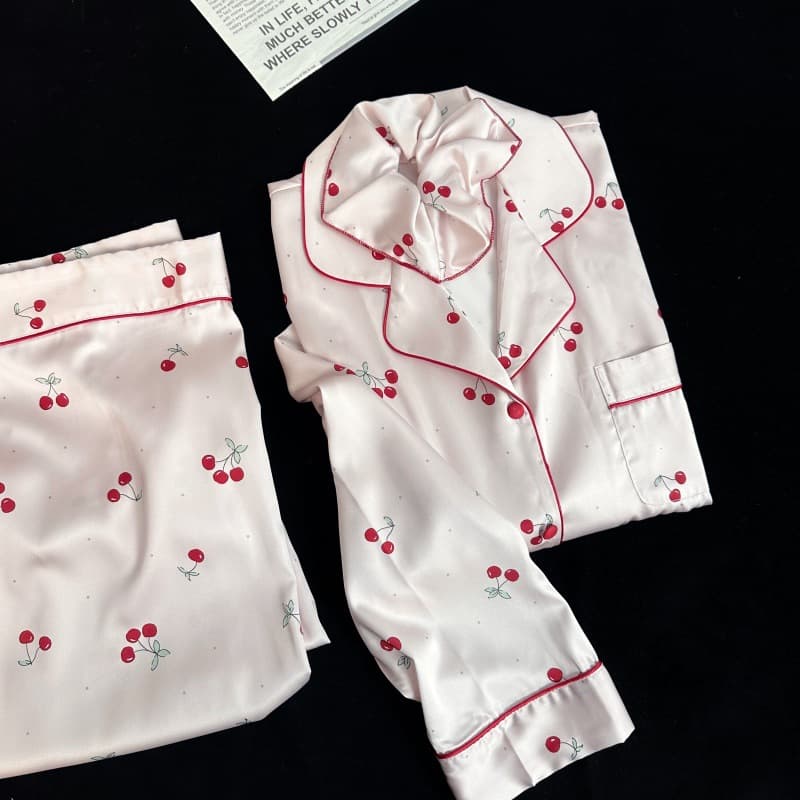 SN020 [Polka Dot Cherry] Women's Pajamas - Spring/Autumn Thin Style, Sweet and Cute Cherry Print Long Sleeve Loungewear